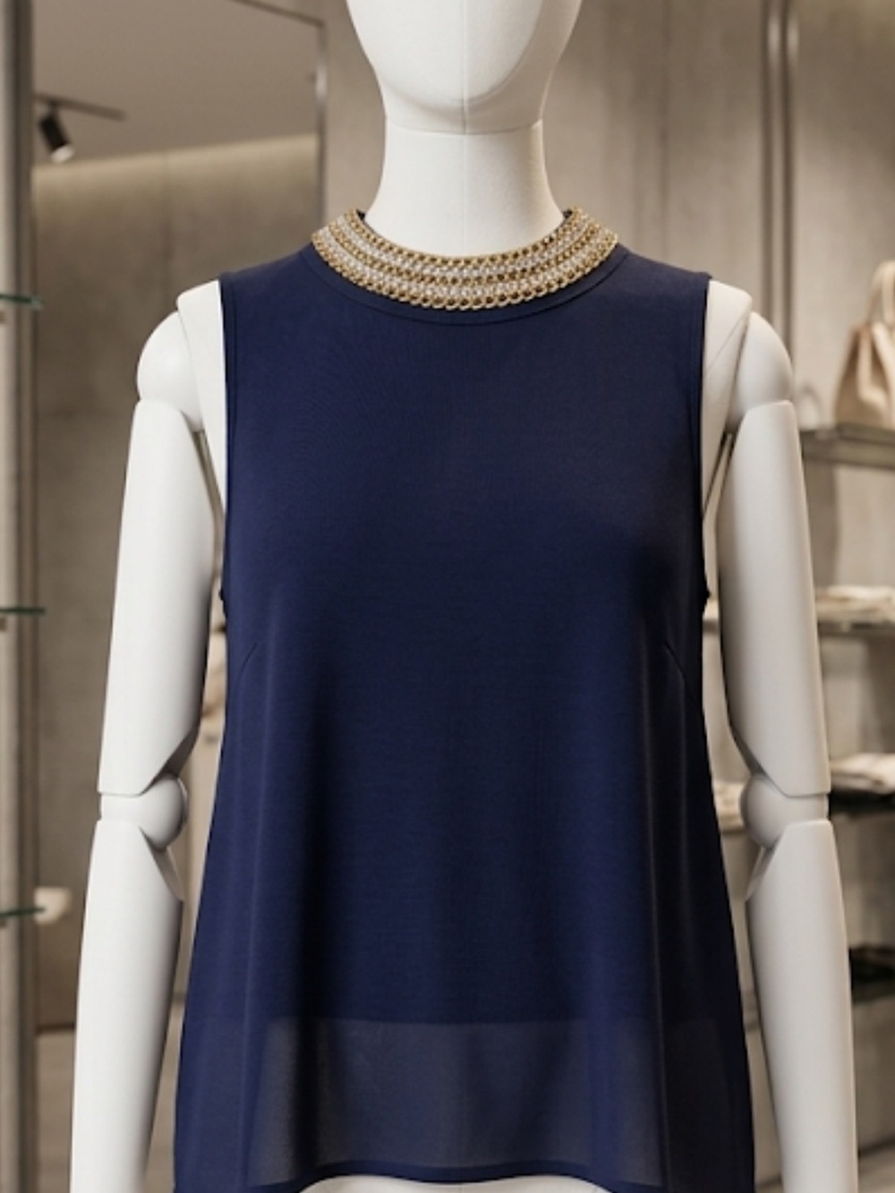 Moa Moa Navy Tank Top with Gold Beaded Neckline 1